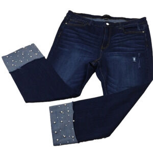 Judy Blue Five Pocket High Rise Dark Wash Embellish Cuff Straight Fit Ankle Jean